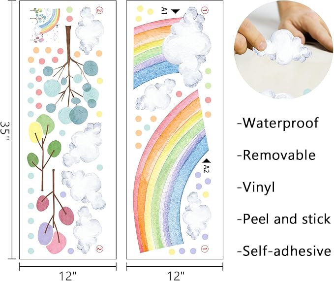 Mfault Watercolor Rainbow Wall Decals Stickers, Pastel Cloud Tree Polka Dots Baby Nursery Decor Bedroom Art, Cute Kids Toddler Room Playroom Home Decorations