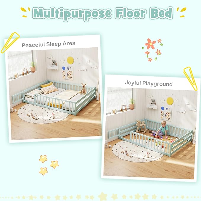 KOMFOTT Full Size Wood Floor Bed with Door & Fence, Montessori Bed Frame with Full Length Safety Guardrails, Door & Latch, Wooden Montessori Floor Bed for Kids, Girls, Boys (Full,Light Green)