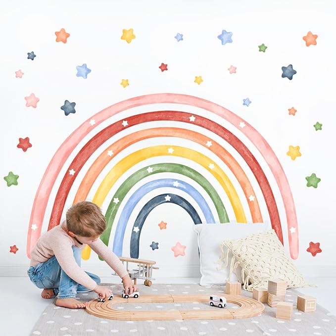 Tanlaby 56" X 43" Large Rainbow Wall Stickers Watercolor Stars Wall Decals Peel and Stick Colorful Art Decor for Baby Nursery Girls Bedroom Kids Playroom Daycare Classroom