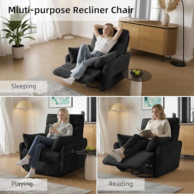 Swivel Recliner Chair for Adults, Corduroy Nursery Glider Rocking Chair, Armchair with 2 Pillows, Comfy High Back Reclining for Small Spaces, Nursery Bedroom Living Room (Corduroy Black, 1 Pack)