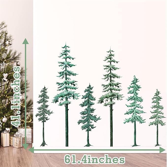 Large Pine Tree Wall Decal Big Pine Trees Wall Stickers Watercolor Green Tree Wall Sticker Winter Forest Plants Wall Decals Xmas Woodland Trees Stickers for Bedroom Nursery Living Room