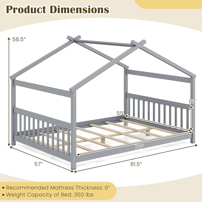 Giantex Full Size Floor Bed, Solid Wood Montessori House Bed with Roof, Headboard and Footboard, Low Full Bed Frame for Kids Teens Girls Boys, No Box Spring Needed, Grey