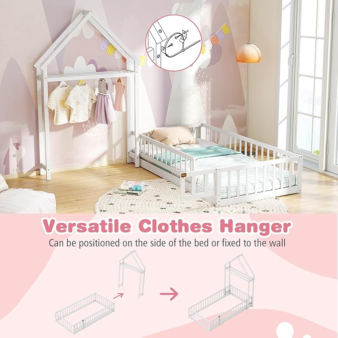 MAT EXPERT Twin Floor Bed with House-Shaped Headboard, Montessori Kids Bed with Detachable Clothes Hanger, Full Length Safety Guardrails, Solid Wood Twin Bed Frames for Kids (White)