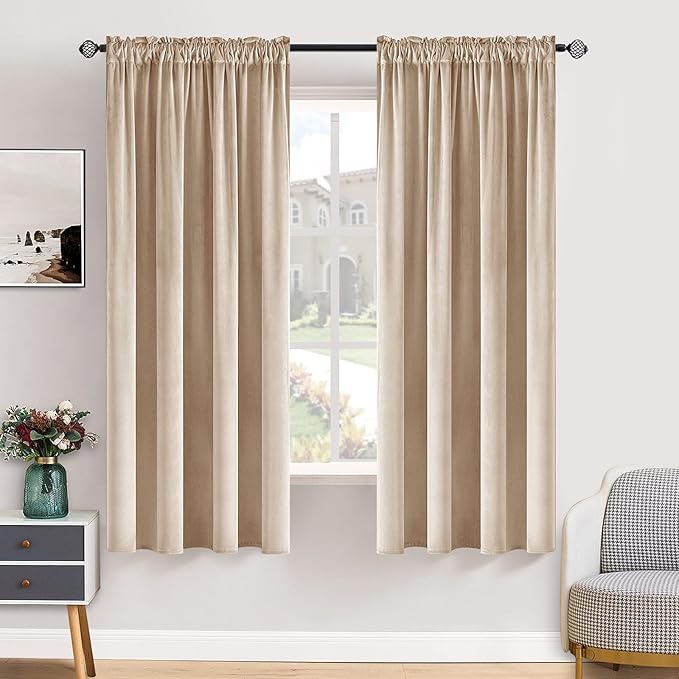 MIULEE Camel Beige Velvet Curtains Thermal Insulated Blackout Curtain Drapes for Bedroom Living Room Darkening 63 Inches Long Curtains Panels Rod Pocket Set of 2