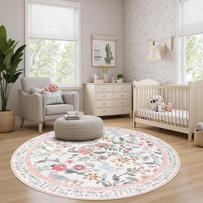 Pink Floral Round Rugs 5ft, Washable Boho Circle Rug for Girls Bedroom, Soft Non-Slip Botanical Nursery Circular Carpet, Modern Flower Birds Throw Rug for Kids Room Living Room