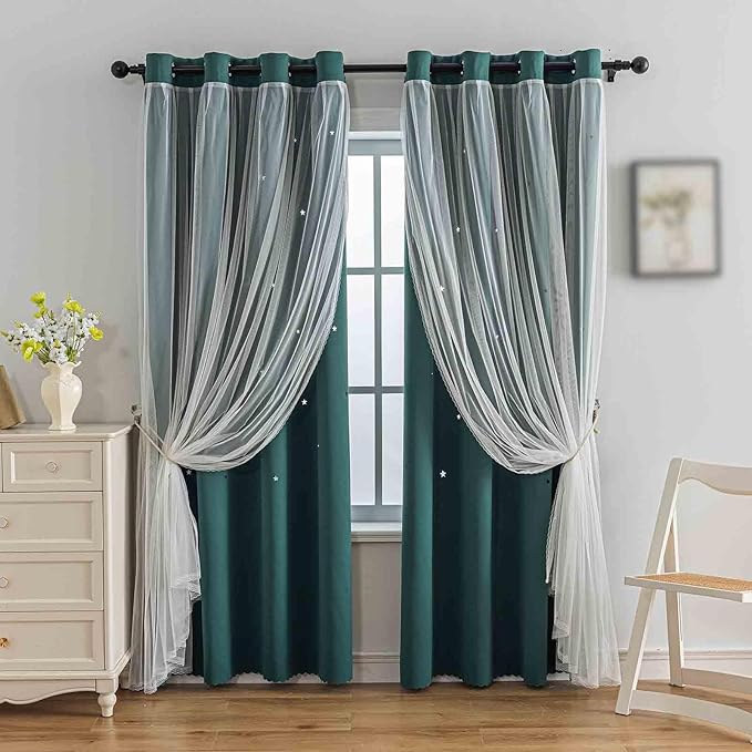 Anytime Romantic Kids Curtain,Hollow-Out Stars Window Curtain Double Layer Blackout Curtains for Girls Bedroom Kids Room 2Panel,(W52 x L84,Dark Green)
