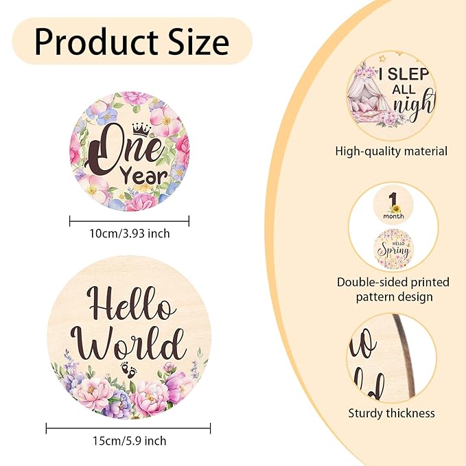 Baby Monthly Milestone Cards - 13pcs Wooden Double Sided Flower Monthly Milestone Signs, Birth Announcement Sign for Photo Props, 1-12 Months Newborn Milestones Cards, Baby Shower Party Gifts Marker