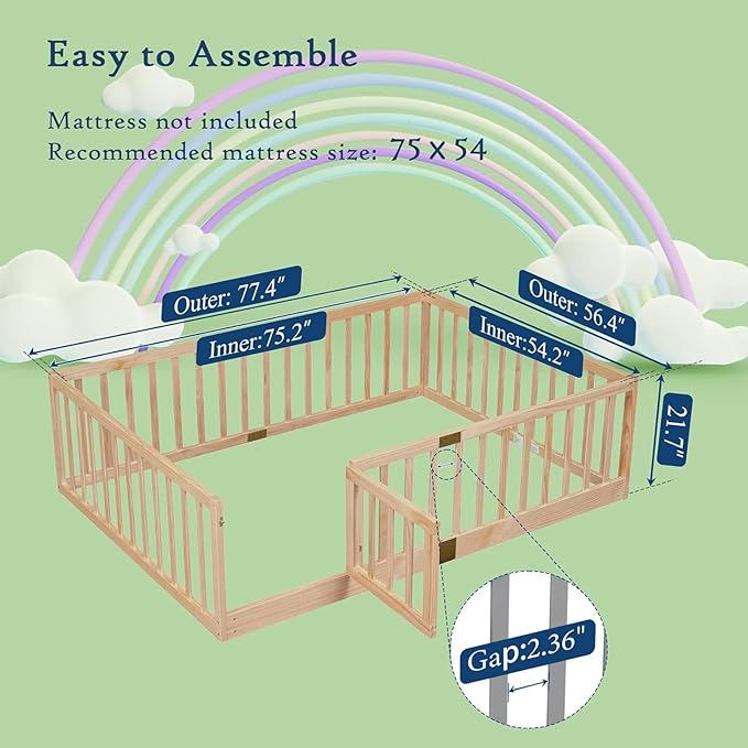 Tatub Full Montessori Floor Bed with High Rails, Solid Wood Montessori Bed Frame for Kids, Door Can Install Left and Right, Full-Nature