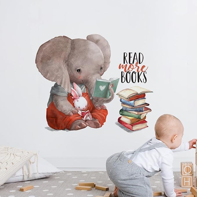 Mfault Inspirational Elephant Bunny Read More Books Wall Decals Stickers, Motivational Rabbit Animals Nursery Decorations Classroom Bedroom Art, Watercolor Neutral Toddler Kids Room Home Decor Gift