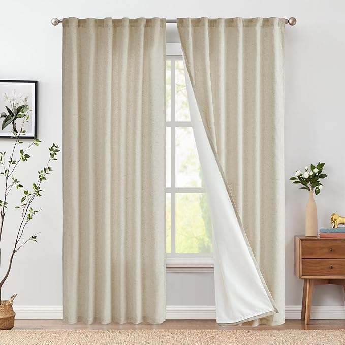 jinchan Oat Linen Blend Curtains for Living Room 84 Inch Length 2 Panels Curtains for Sliding Glass Doors, 50 Inch Wide Farmhouse Drapes with Rod Pocket Back Tab(50W x 84L, Oat)