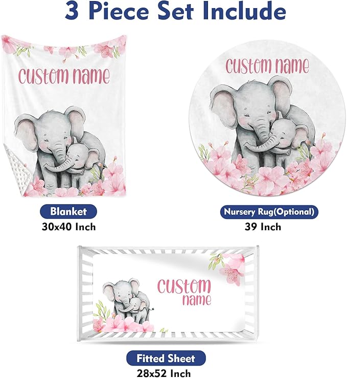 Custom Baby Crib Bedding Set - Elephant Design Personalized Name Pink Flower Baby Nursery Bedding 3 Pcs Set - Chic Soft Blanket, Fitted Sheet, Room Rug for Newborns Boys Girls Gifts