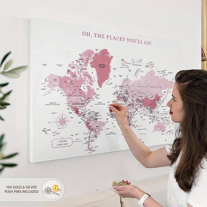 ElephantStock - Places You'll Go Push Pin World Map Wall Art - Horizontal Canvas Wall Art - Living Room Wall Decor - Digital Art Map Canvas Art - White And Pink Decor - 39" x 26"