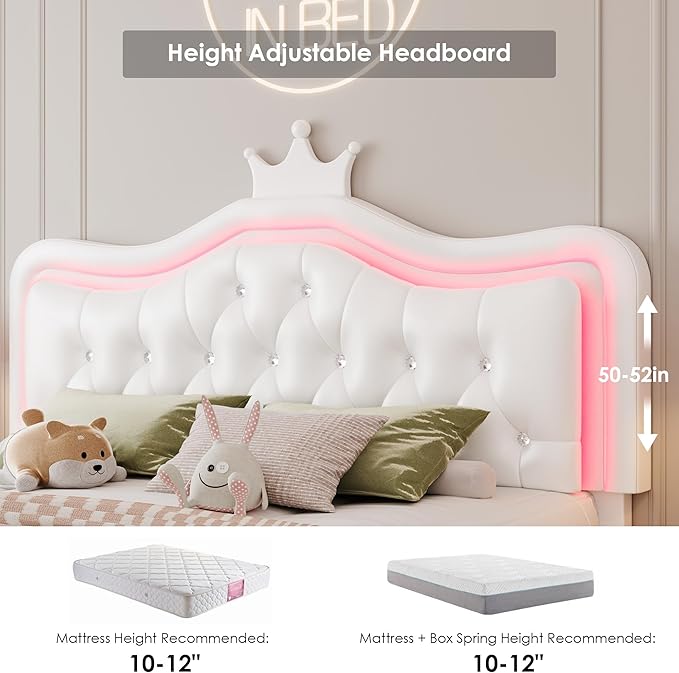 Keyluv Queen Upholstered LED Bed Frame with Storage Drawer, Leather Princess Platform Bed with Adjustable Crystal Button Tufted Crown Headboard, Solid Wooden Slats Support, No Box Spring Needed, White