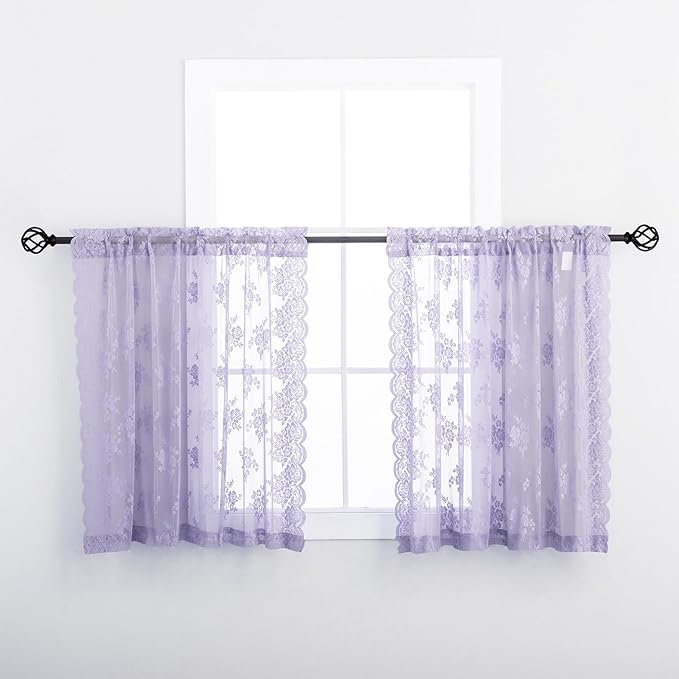 Light Purple Sheer Curtains 45 Inch Length, 2 Panels, W42 x L45 Inch Each, Country Rustic Floral Vintage Lace Curtains for Closet Bathroom Window, Rod Pocket Privacy Light Fitlering Lace Tier Curtain