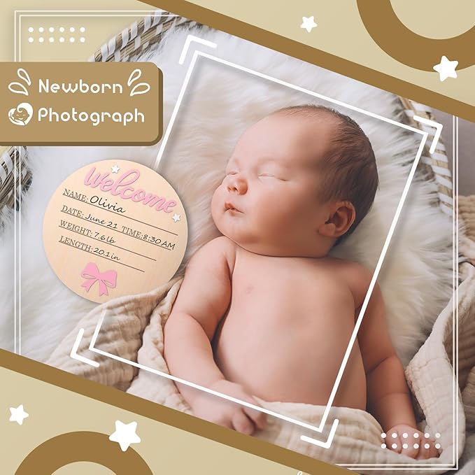 Baby Birth Announcement Sign - 3D Wooden Baby Birth Sign with Marker Pen, Coquette Pink Bow Newborn Name Announcement with Ink Pad for Girls Nursery Decor Keepsake Gift