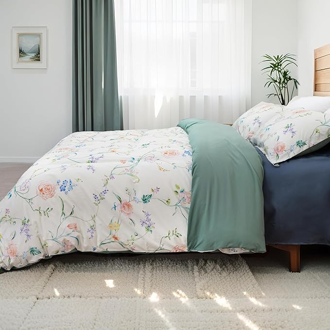 MAGRACE Muslin Duvet Cover Queen Size, Reversible Floral Rose Comforter Cover Set with Zipper Closure, Farmhouse Style 3 Pieces Botanical Patterns Soft Bedding Set with 8 Ties