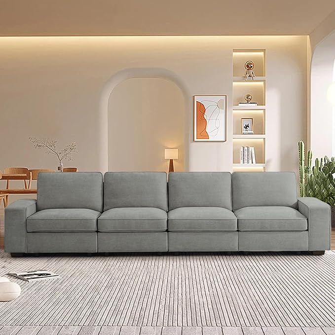 TEKAMON 128" Modular Sofa Couch with Seat Storage, Chenille Sofa，Modern Comfy 4-Seater Couch for Living Room, Office, Apart W/Deep Seat, Wide Armrest, USB, Pockets, Removable Covers (Light Grey)