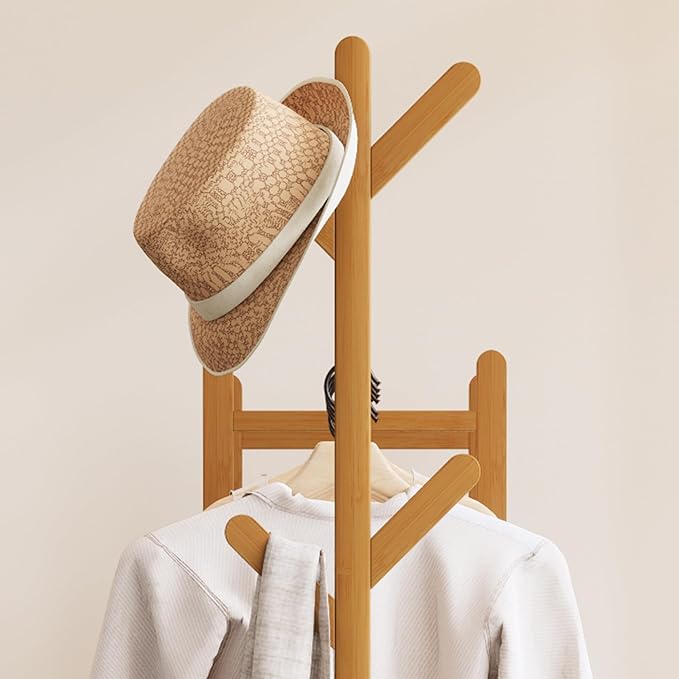 Bamboo Clothes Rack,Garment Rack with Drawers and Shelves,5 Tier Storage Shelves with 6 Hanging Hooks,Wardrobe Closet for Entryway Guestroom Kids Bedroom(39.4inch Width Natural with Rattan Door)