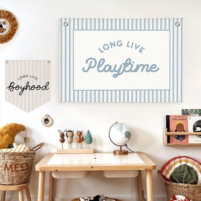 Lacama Blue Long Live Playtime Boys Room Playroom Decor, Boy Nursery Play Room Wall Decor, Linen Banner Wall Hanging Canvas Flag Decors for Toddler Boy Rooms Nursery 30x20 Inch