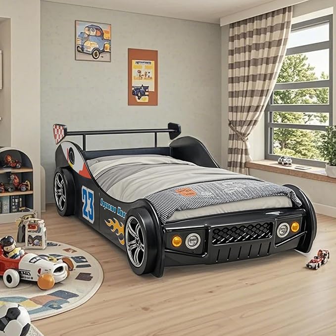 LKTART Car Bed Twin Size for Kids, Race Car Shaped Wooden Platform Bed Frame with Headboard Wheels and Support Slats for Boys Toddlers Child's Bedroom (Black)