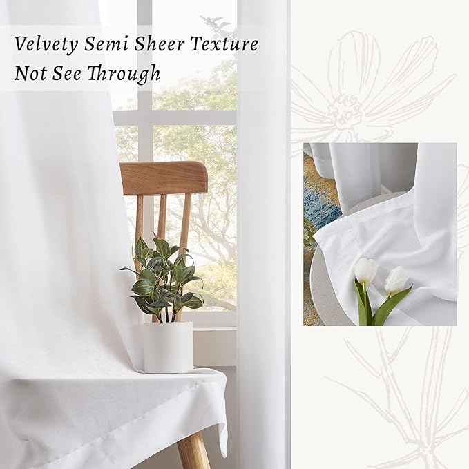 Melodieux White Velvety Semi Sheer Curtains 84 Inches Long for Bedroom, Living Room Elegant Soft Texture Rod Pocket Voile Drapes, 52 by 84 Inch (2 Panels)