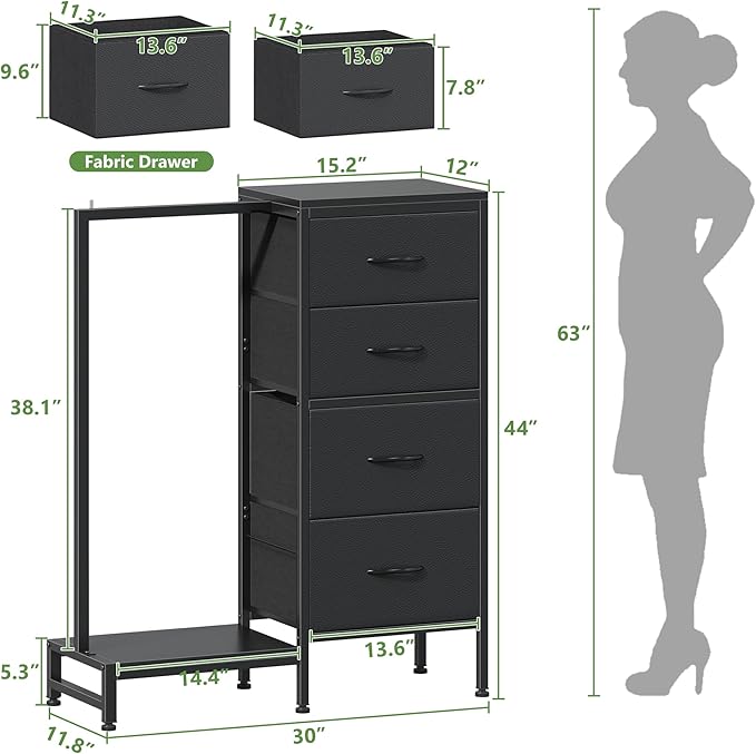 Dresser with Hanging Rack, 4 Drawers Small Closet for Bedroom, Reversible Fabric Kids Chest of Drawers with Clothes Rack, Tall Storage Tower, Sturdy Frame, Black, 44''H