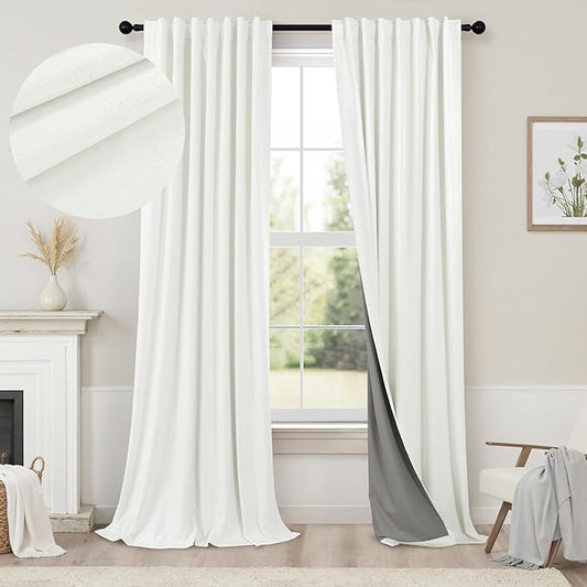 120 Inches Extra Long Curtains for Living Room 2 Panels Faux Linen Darkening Insulated Thermal 100% Blackout Drapery Ceiling Curtain for Large Big Window Treatments Ideas Drapes Off White Ivory 52x120