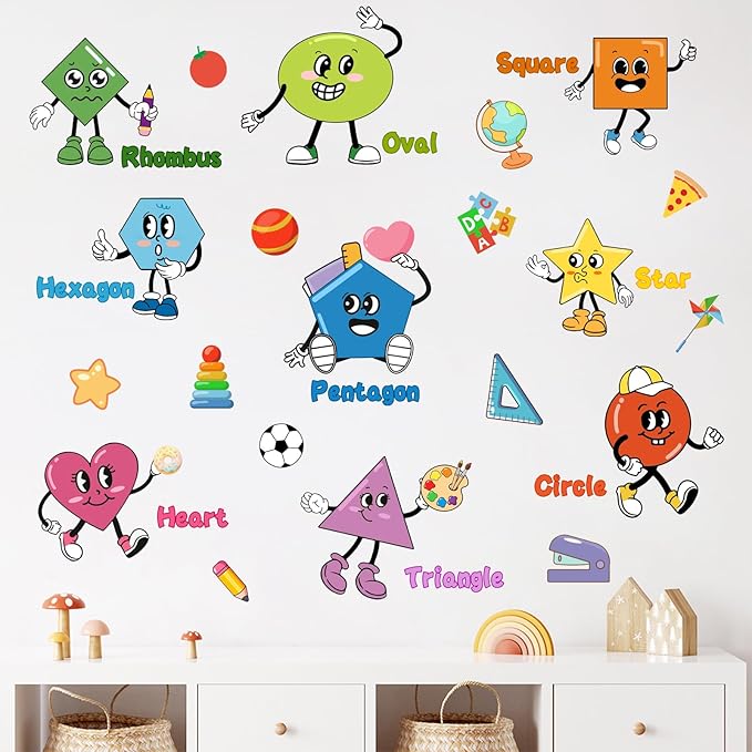 Mfault Kids Shapes Educational Wall Decals Stickers, Colorful Geometry Learning Baby Nursery Decorations Bedroom Art, Funny Boys Girls Toddlers Playroom School Classroom Daycare Library Home Decor