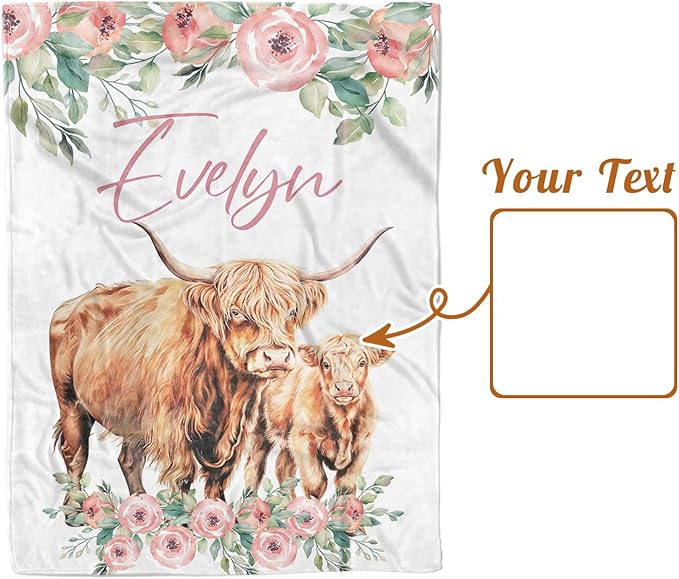 Personalized Baby Blanket for Boys, Custom Name Blanket for Girl Newborn Mom, Soft Flannel with Double Layer Dotted Backing, Gifts for Baby Shower Christmas Birthday, Highland Cow(60" x80)