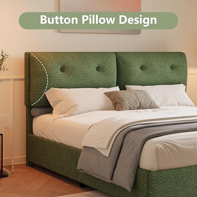 Queen Bed Frame with Headboard, Cloud Boucle Upholstered Bed Frame, Modern Soft Style, Adjustable Headboard, No Box Spring Needed, Easy Assembly, Green