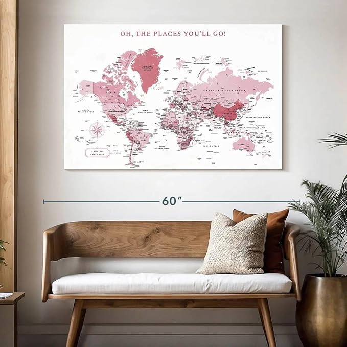 ElephantStock - Places You'll Go Push Pin World Map Wall Art - Horizontal Canvas Wall Art - Living Room Wall Decor - Digital Art Map Canvas Art - White And Pink Decor - 51" x 34"