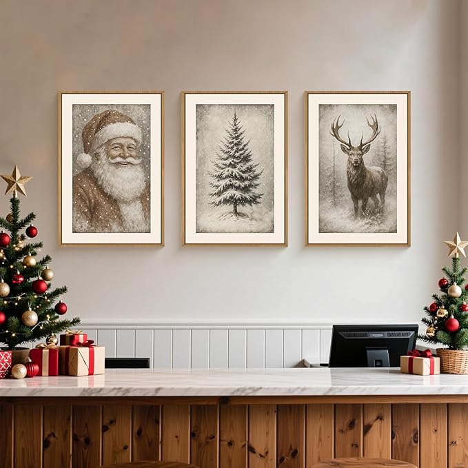 HLNIUC Large Vintage Christmas Framed Wall Art Set of 3, Santa Claus Reindeer Decor, Snowy Xmas Pine Tree Neutral Canvas Art(24x36), Farmhouse Rustic Sketch Prints for Living Room, Bedroom, Office