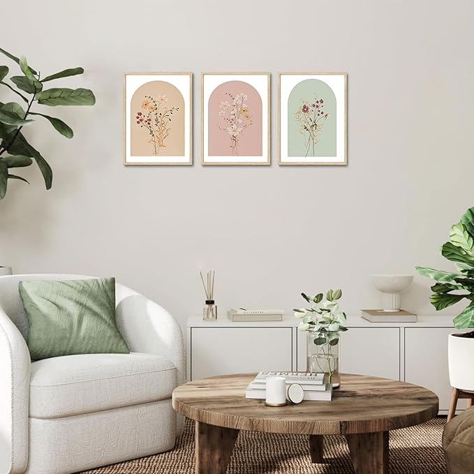 CHMMART 3 Piece Boho Wildflower Framed Wall Art Floral Botanical Canvas Art Prints Flower Pictures Wall Decor Minimalist Painting Artwork for Living Room Bedroom Bathroom 12x16in