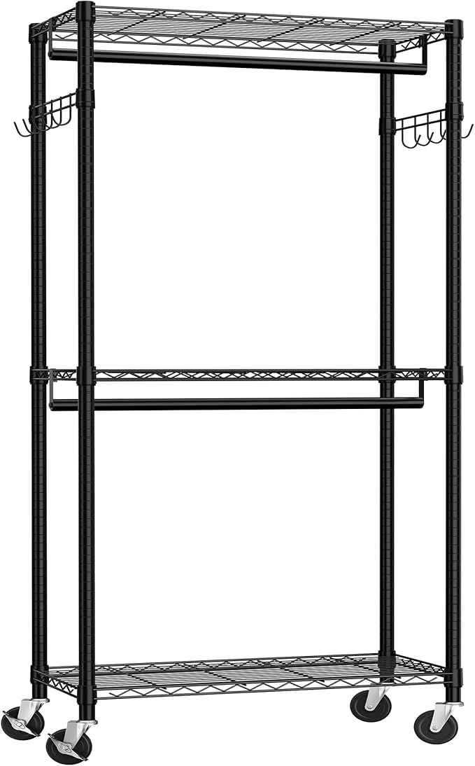 Portable Closet, Heavy Duty Clothes Rack on Wheels, Wardrobe Closet for Hanging Clothes, 77 Inch Tall Clothing Rack with Adjustable Mesh Shelves and Hanging Rails, Black