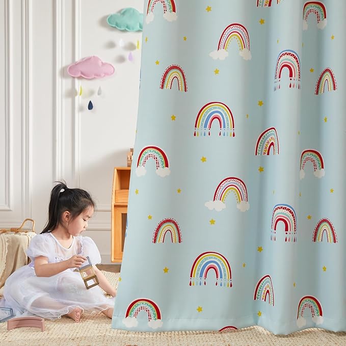 Vangao Boho Girls Blackout Curtains Pastel Blue for Kids Room 63 Inch Length, Rainbow Window Drapes for Living Room Nursery Thermal Grommet Insulated Room Darkening Curtains Bedroom, 2 Panels