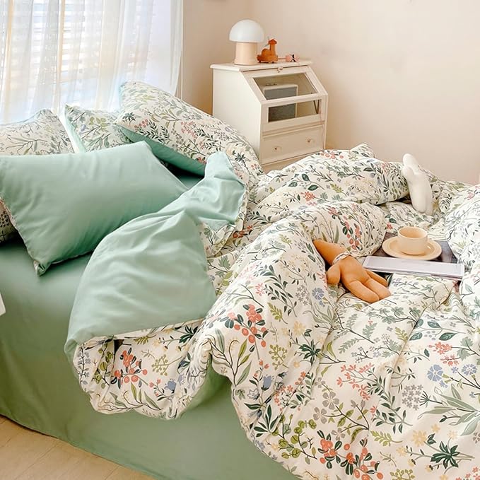 HighBuy King Cotton Duvet Cover Set Aesthetic Floral Bedding Sets Cozy Cotton Cottagecore Flower Duvet Cover Set King Vintage Style Luxury Soft Chic Boho Floral Bedding Collection for Women Girl