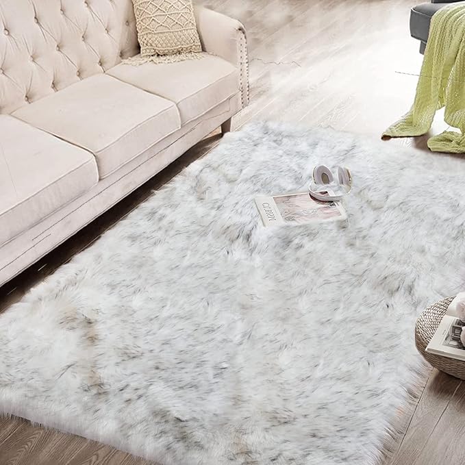 White and Grey Faux Shaggy Fur Rug for Living Room Plush Washable Sheepskin Fur Area Rugs 3x5 Nursery Rug
