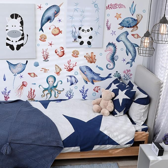 Ocean Sea Animals Wall Decal Stickers, Turtle, Whales, Octopus, Seahorse Under The Sea Peel and Stick Wall Decals for Nursery Kids