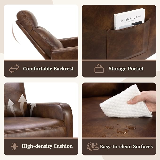 Swivel Rocking Recliner Chair for Small Space, Manual Swivel Glider Recliner for Nursery,RV,Rocking Recliner with Footrest and Side Pocket (Light Brown)