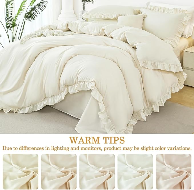 3 Pieces Beige Comforter Duvet Cover Full Boho Vintage Ruffled Duvet Cover Set Microfiber Soft Kids Bedding Set for Girls All Seasons(Beige, Full)