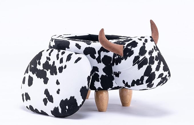 Home 2 Office Cow Ottoman for Kids' Bedroom, Playroom, Nursery, and Living Room, Animal Ottoman with Storage, Footstool for Kids, Black/White