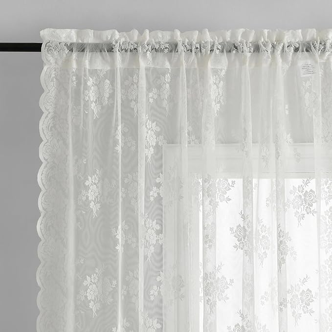 Kotile 80 Inch Long Lace Curtains 2 Panels Set, Country Rustic Leaf Floral Vintage Sheer Lace Curtains for Living Room, Rod Pocket Privacy Light Filtering Lace Window Curtains, 42 x 80 Inch, Ivory