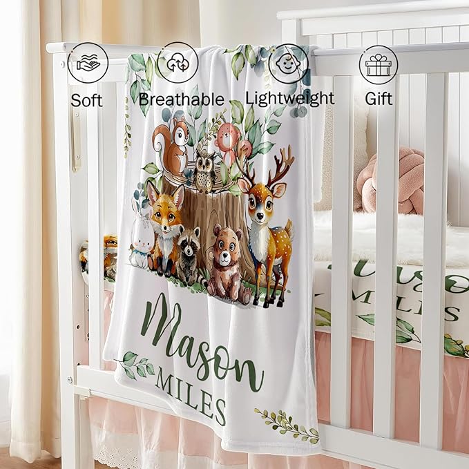 Custom Baby Crib Bedding Set - Animal Stump Design Personalized Name Baby Nursery Bedding 3 Pcs Set - Chic Soft Blanket, Fitted Sheet, Room Rug for Newborns Boys Girls Gifts