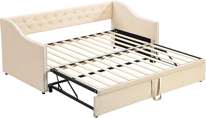 Merax Twin Size Upholstered Velvet Daybed with Pop Up Trundle, Multi-Functional Sofa Bed with Backrest and Two Armrest for Kids Room, Guest Room, Living Room,Beige