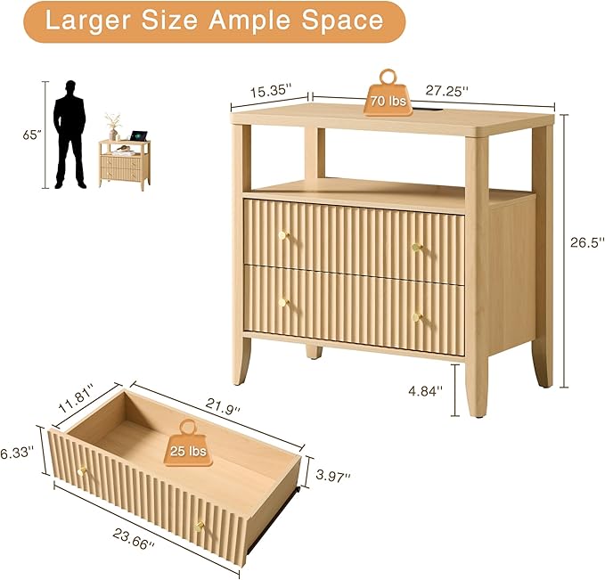 Fluted Nightstand with Charging Station Set of 2, 27.3" Wide Modern Bedside Table with 2 Drawers & Open Shelf, Large Wood End Table with Storage & Metal Handle for Bedroom, Natural Wood