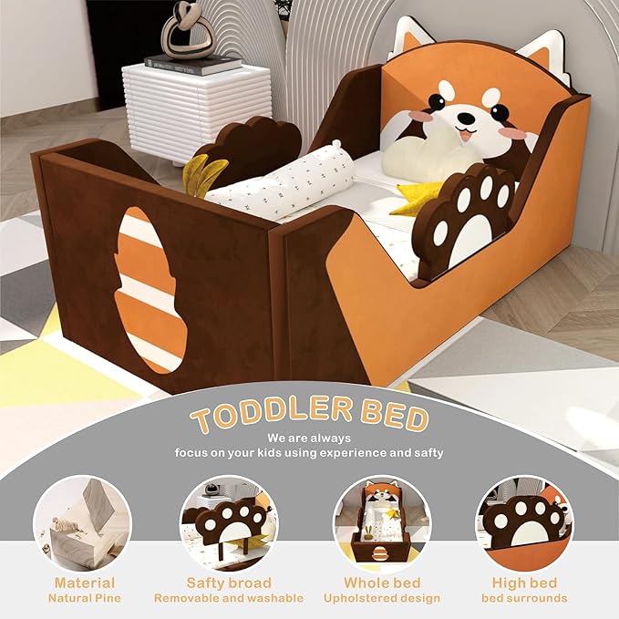 Toddler Bed, Child Bed for Kids with Extra Safty Broad, Standard Crib Size AnimalToddler Bed, Certified Fabric Toddler Beds,Toddler Floor Beds (Redpanda)