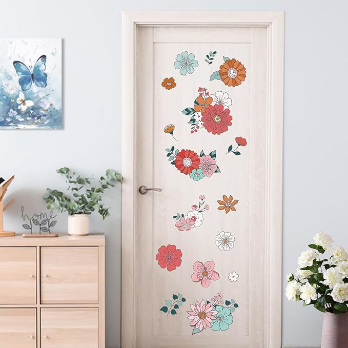 Yovkky Boho Vintage Groovy Flower Wall Decals Stickers, Bohemian Retro Floral Daisy Hippie Home Bedroom Decor, Hippy Wildflower Butterfly Living Room Kitchen Decorations Art