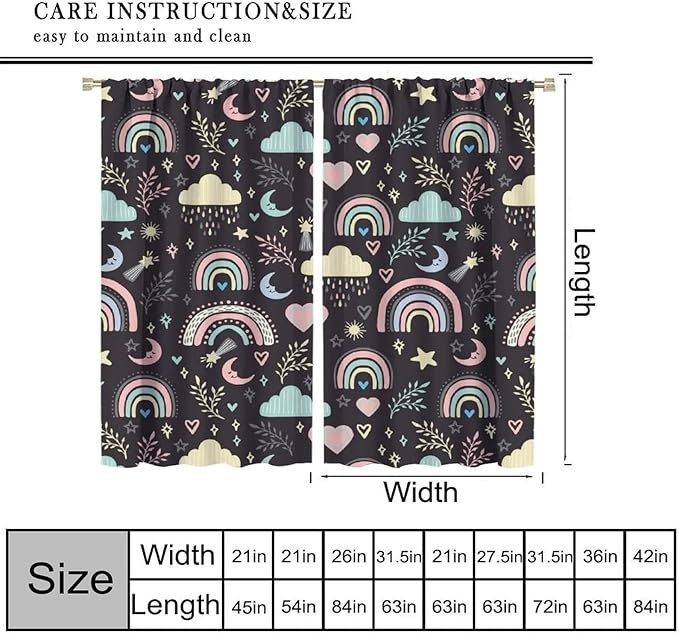Boho Rainbow Curtains for Kids Nursery Colorful Floral Sun Star Clouds Pastel Bohemian Pattern Print Window Drapes for Girl Bedroom Living Room Kitchen Decor,2 Panel Set,72Wx63H Inch Blackout