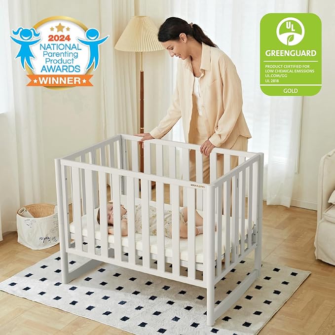 MAMAZING EvoNook 6-in-1 Convertible Mini Crib, 100% New Zealand Solid Wood, 4 Adjustable Mattress Heights, Crib with Mattress, GREENGUARD Gold Certified,White