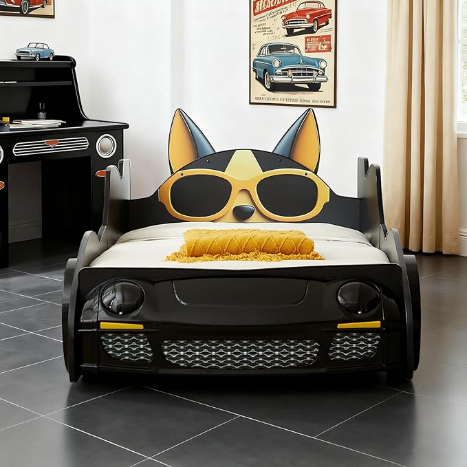 Twin Bed Frames for Kids, Cartoon Dog Race Car Bed Wooden Platform Bed Frame with LED Lights, Twin Size Chidren Bed Frame with Wood Slat Support, Fits Standard Mattres (Black Yellow)